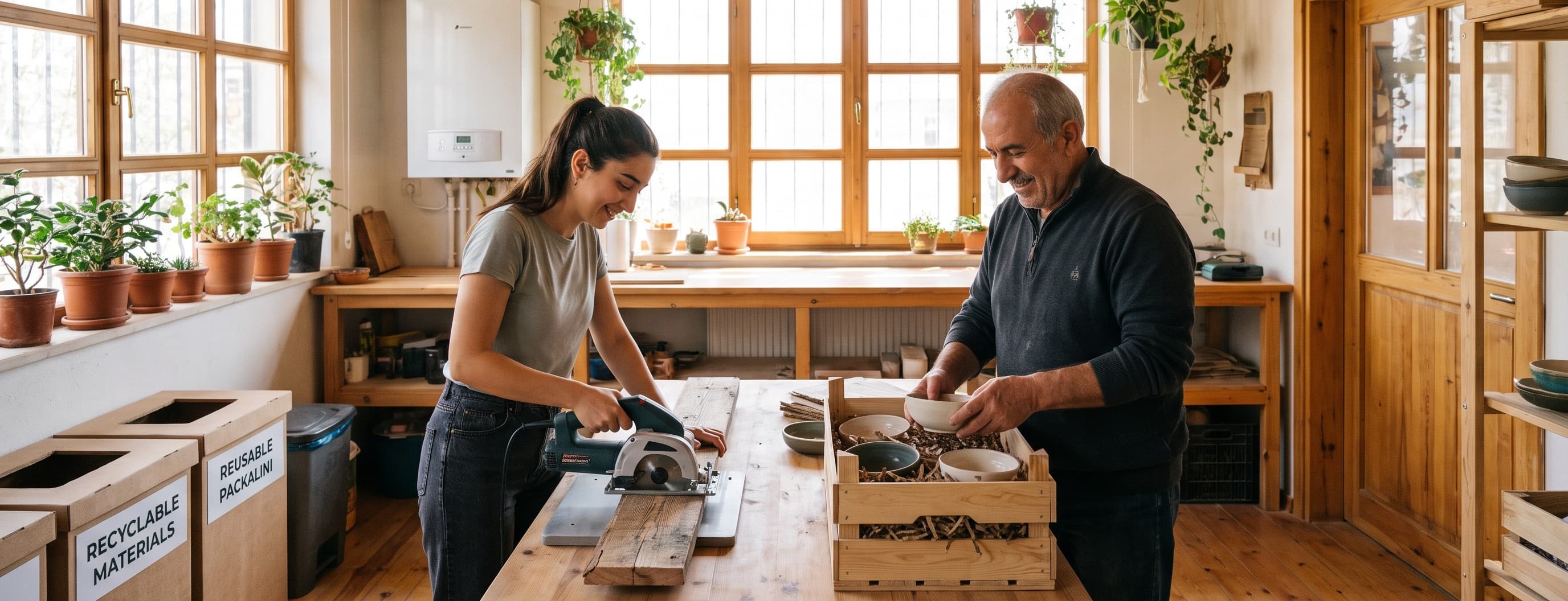 A small workshop owner and employee building furniture with reused wood