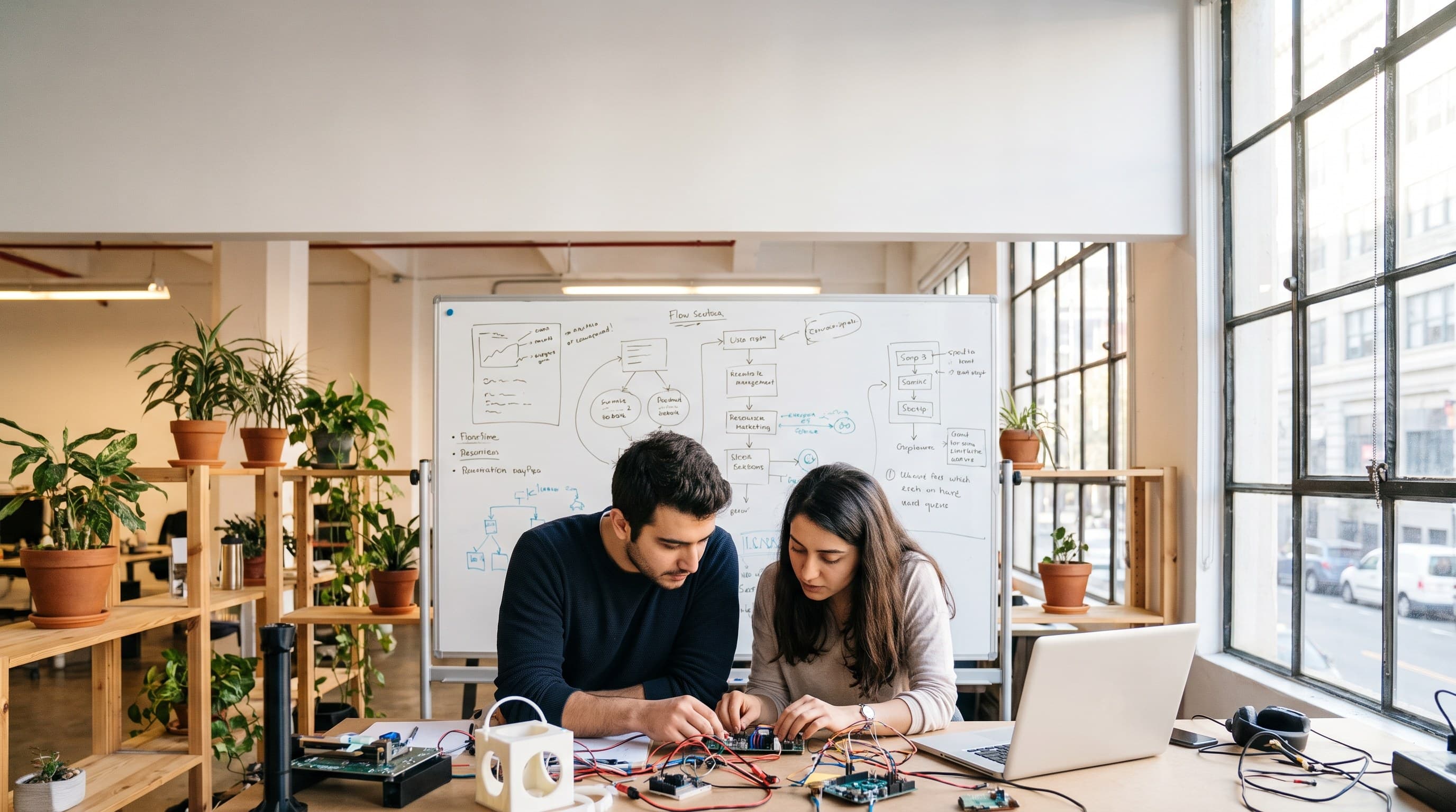 Two early-stage tech entrepreneurs building a hardware prototype